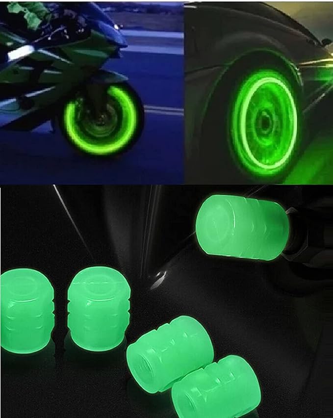 Radium Valve Cap for Vehicles | Glow-in-Dark Tyre Pressure Caps (4 pcs, Green)