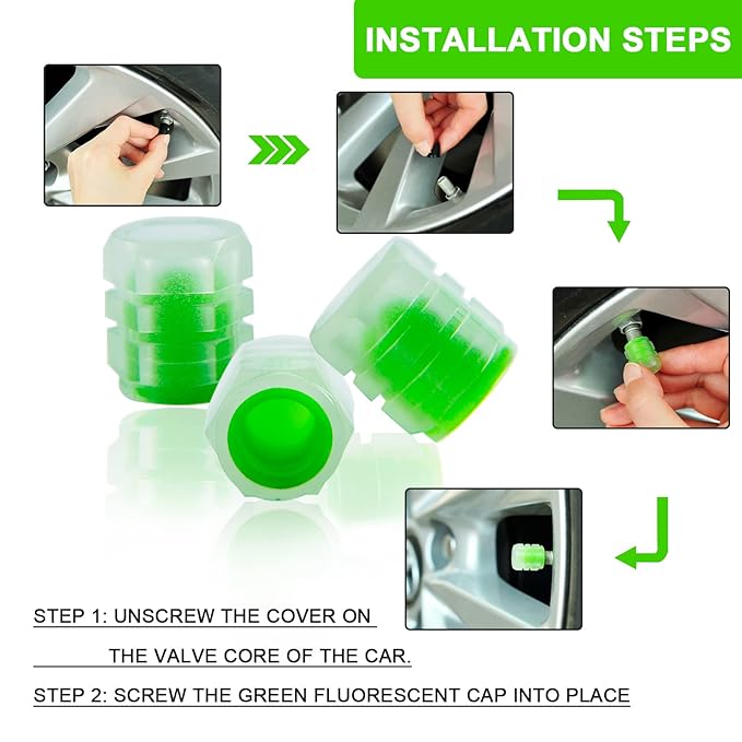 Radium Valve Cap for Vehicles | Glow-in-Dark Tyre Pressure Caps (4 pcs, Green)