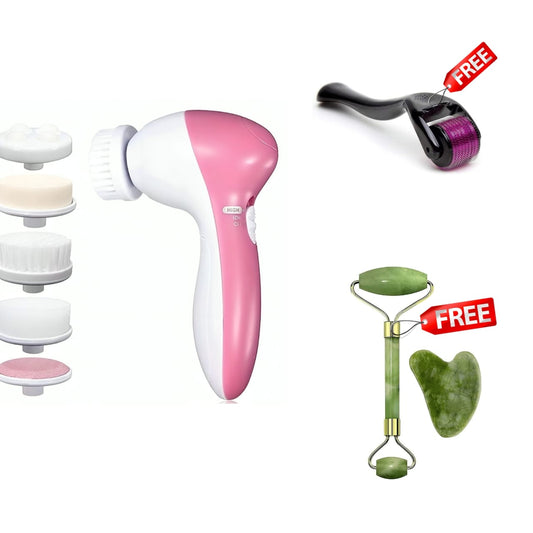 5 in 1 Face Facial Exfoliator Electric Massage Machine With FREE Derma Roller (0.5mm) and Face Stone Jade Roller Massager With Gua Sha Stone